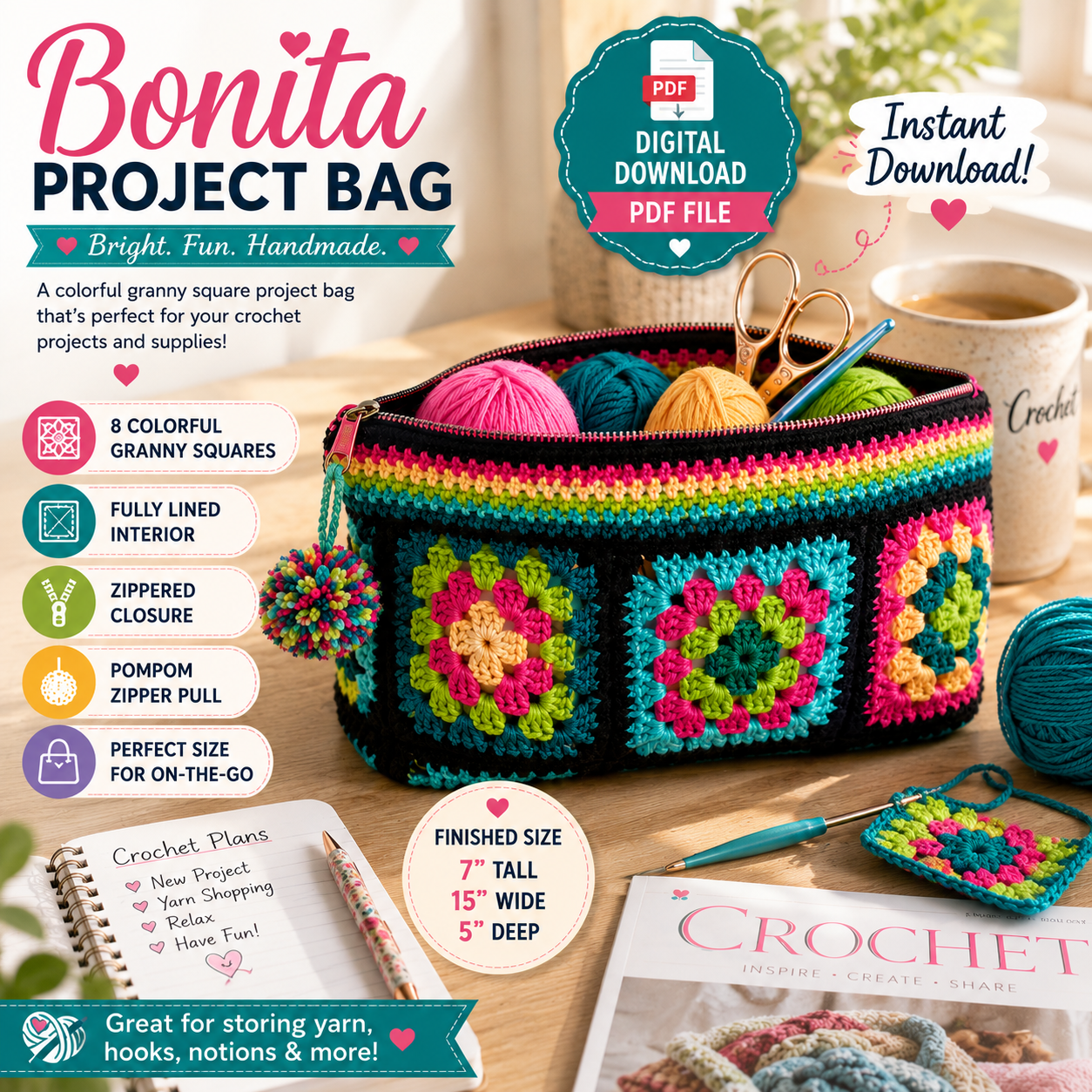 Bonita Project Bag Crochet Pattern (Instant Digital Download)