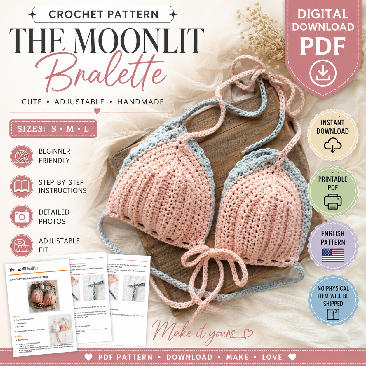 The Moonlit Bralette Crochet Pattern PDF | Adjustable Bralette Top |(Instant Digital Download)