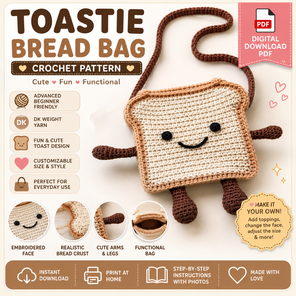 Toastie Bread Bag Crochet Pattern | Cute Toast Crossbody Bag |(Digital Download)