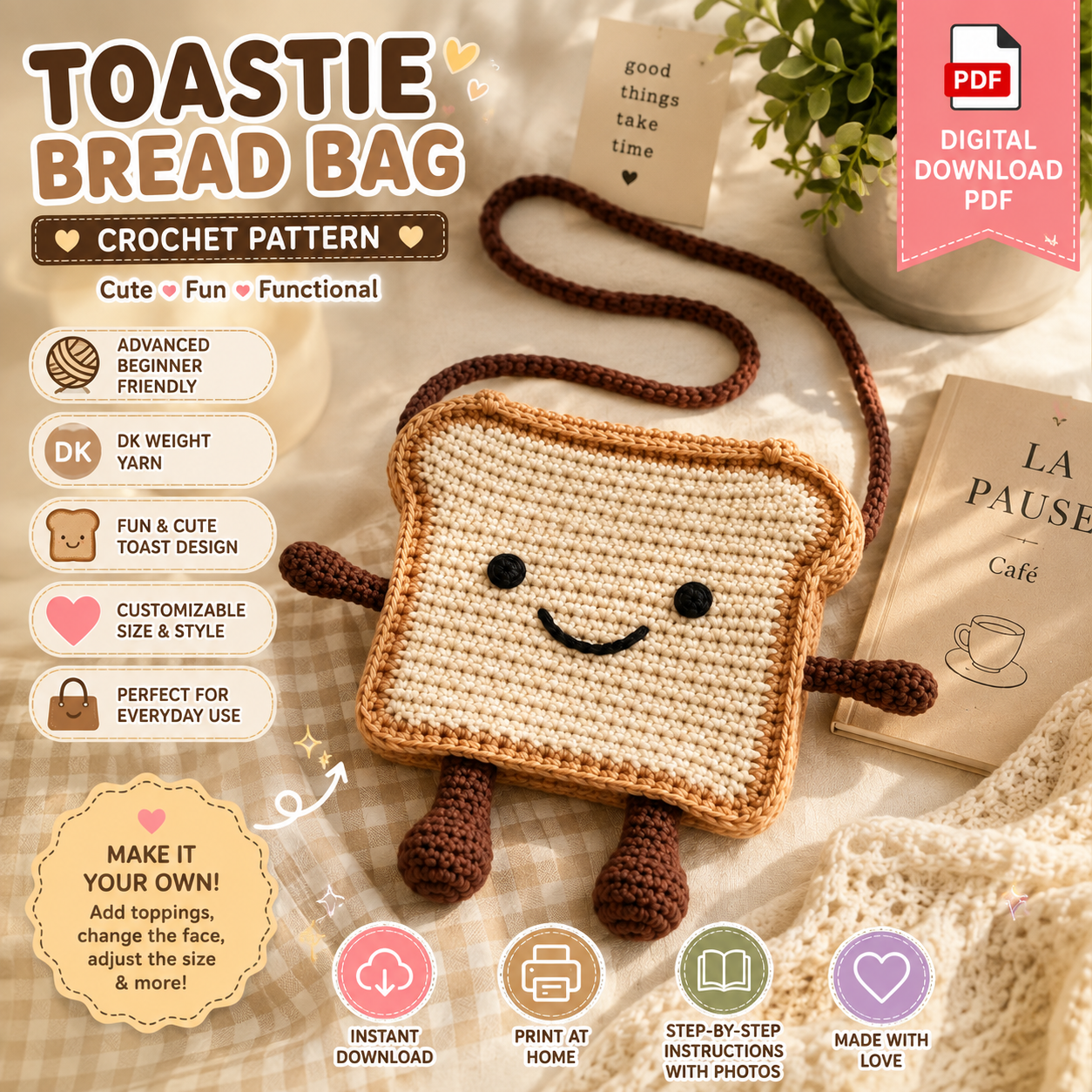 Toastie Bread Bag Crochet Pattern | Cute Toast Crossbody Bag |(Digital Download)