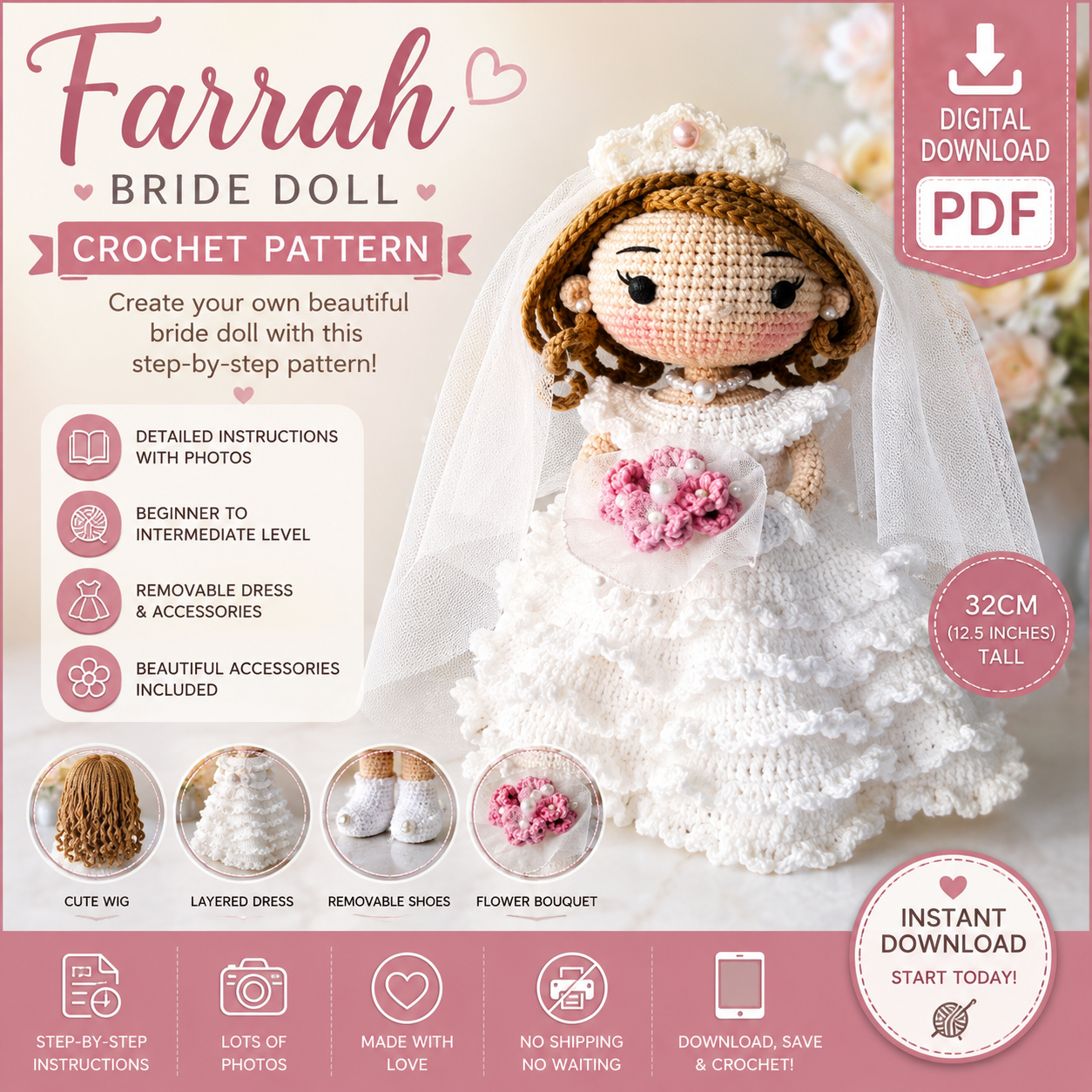 Farrah Bride Doll Crochet Pattern (Digital Download)