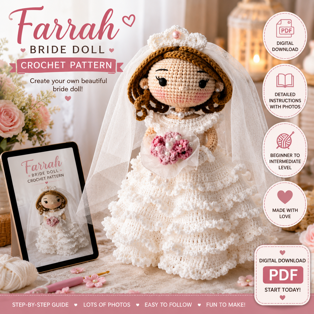 Farrah Bride Doll Crochet Pattern (Digital Download)