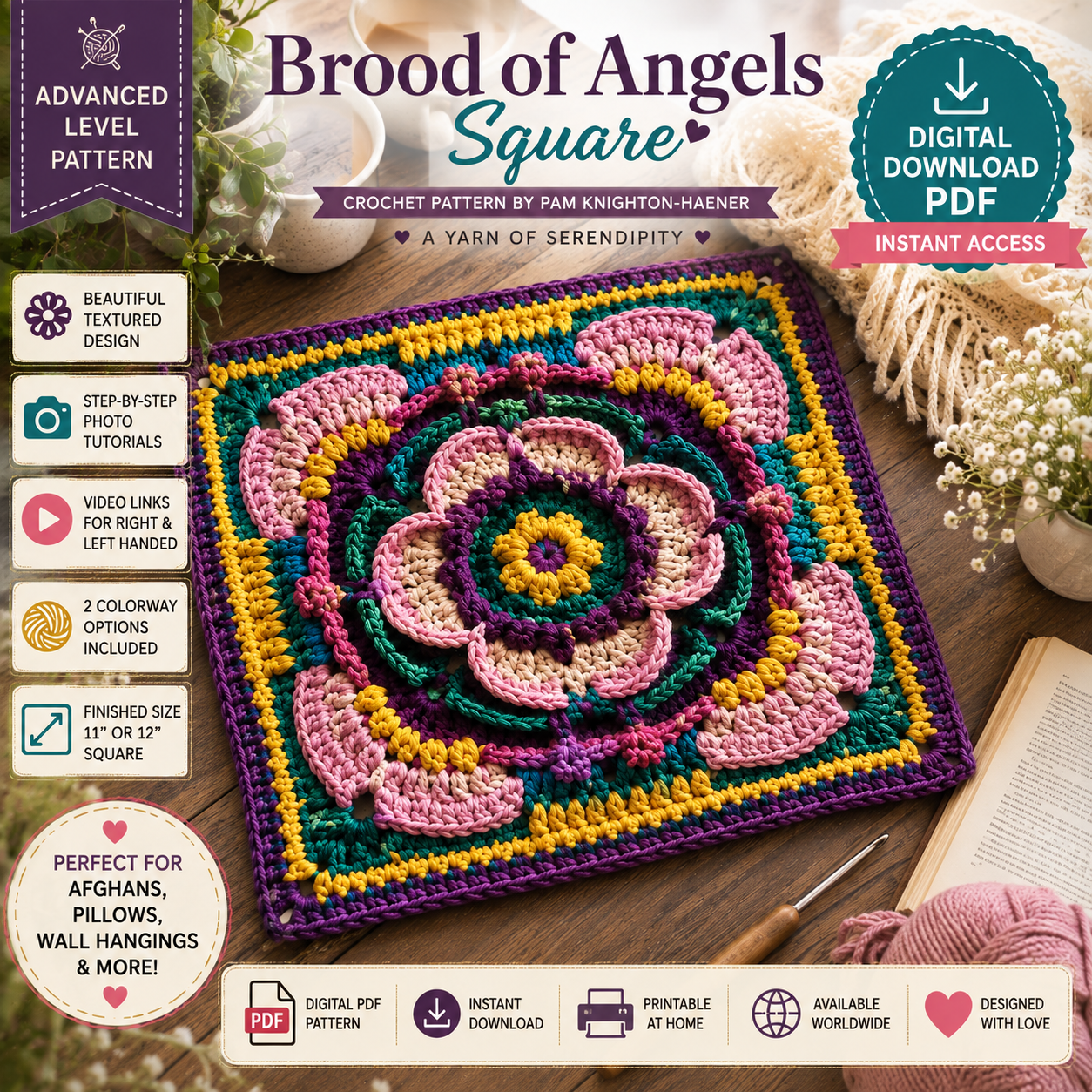 Brood of Angels Square Crochet Pattern (Digital Download) 11" & 12" Blanket Square
