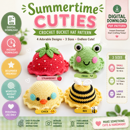 Summertime Cuties Crochet Bucket Hat Pattern (Digital Download Crochet Pattern) 3 Sizes.
