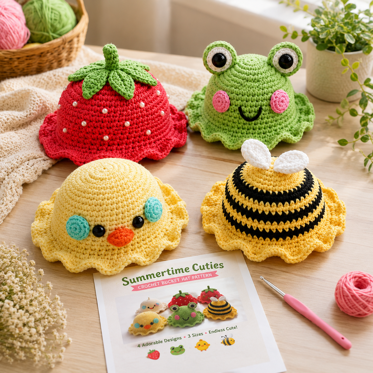 Summertime Cuties Crochet Bucket Hat Pattern (Digital Download Crochet Pattern) 3 Sizes.