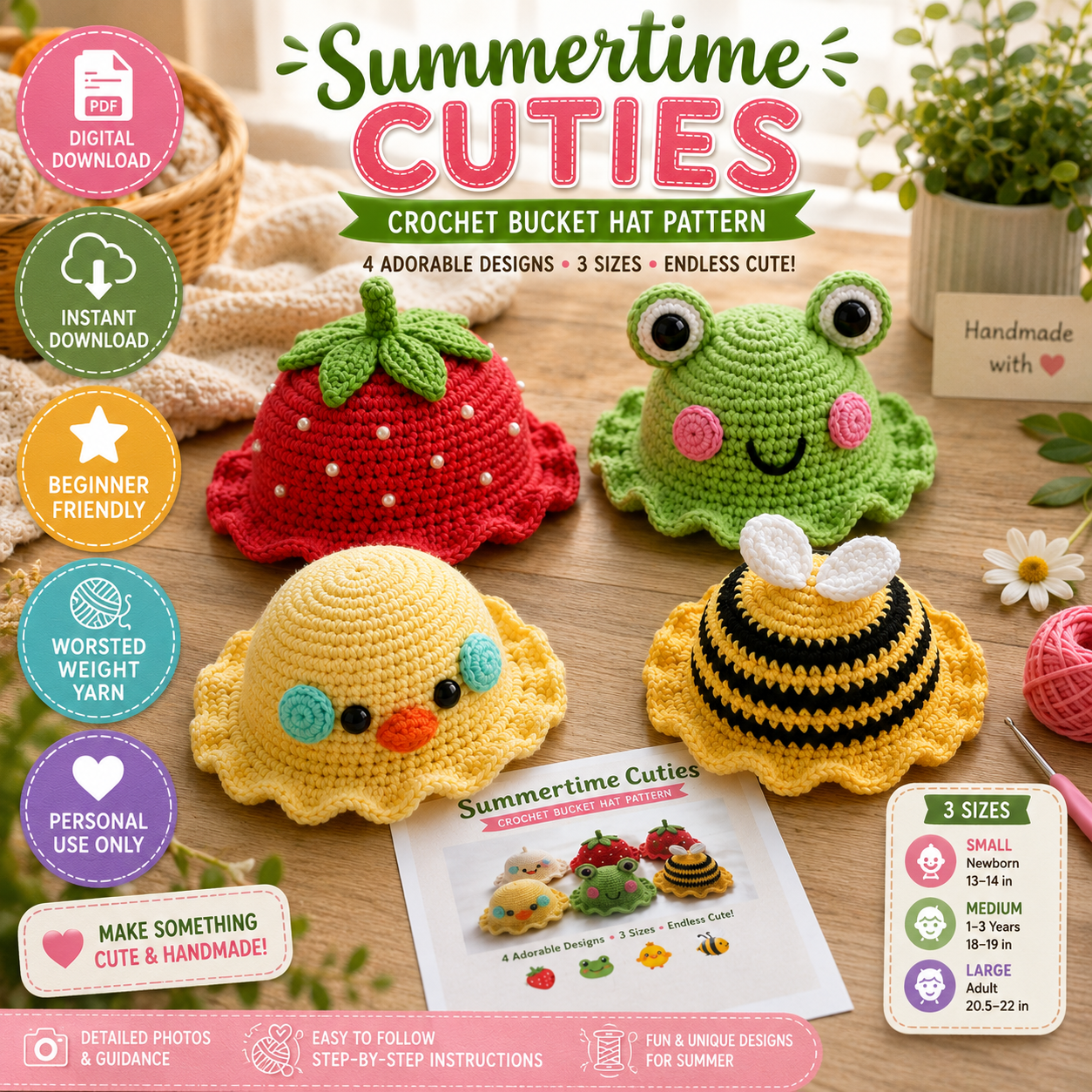 Summertime Cuties Crochet Bucket Hat Pattern (Digital Download Crochet Pattern) 3 Sizes.