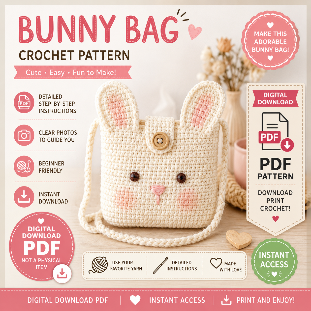 Bunny Bag Crochet Pattern PDF | Cute Bunny Purse Crochet Pattern |(Digital Download)