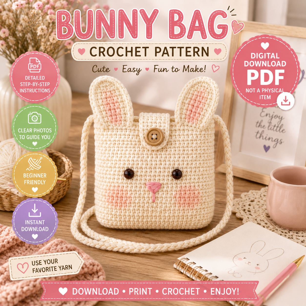 Bunny Bag Crochet Pattern PDF | Cute Bunny Purse Crochet Pattern |(Digital Download)
