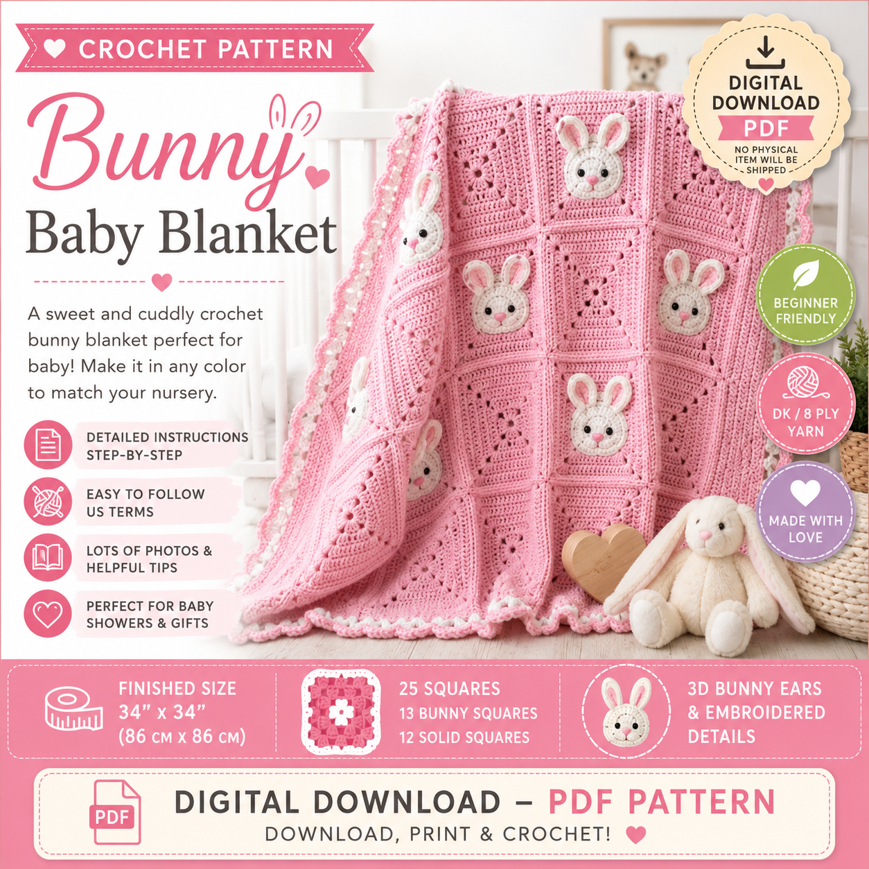 Bunny Baby Blanket Crochet Pattern (Digital Download)