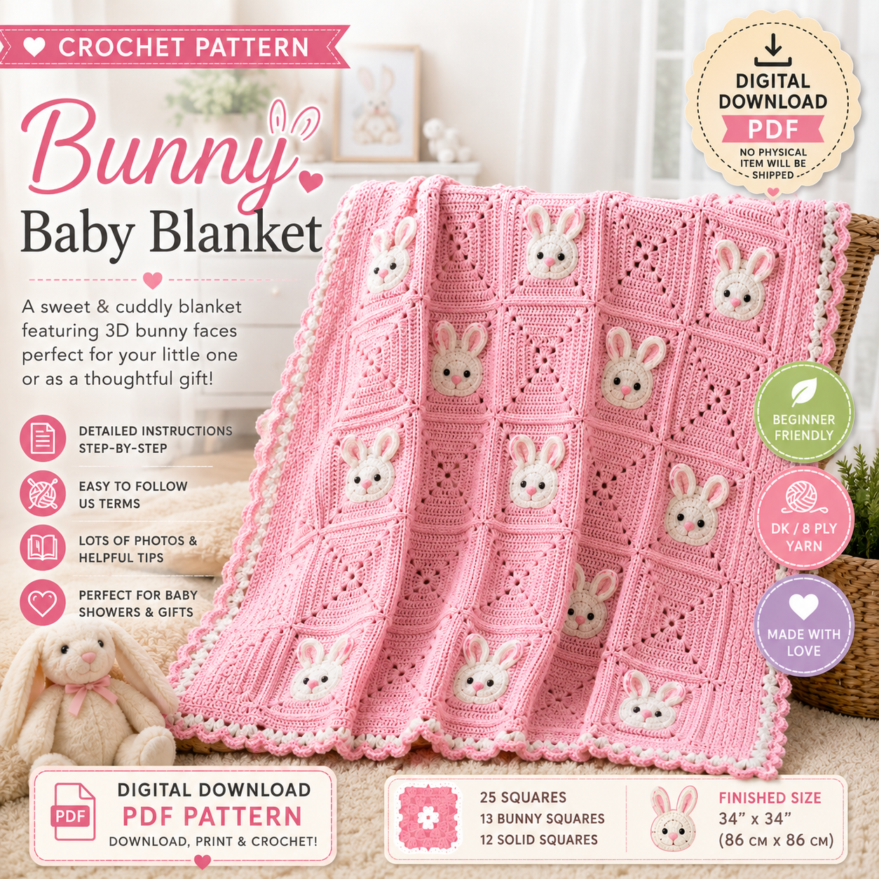 Bunny Baby Blanket Crochet Pattern (Digital Download)