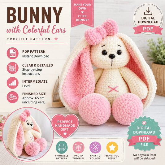 Bunny with Colorful Ears Crochet Pattern (Digital Download)