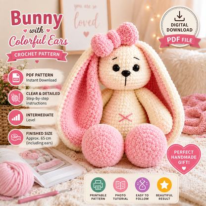 Bunny with Colorful Ears Crochet Pattern (Digital Download)
