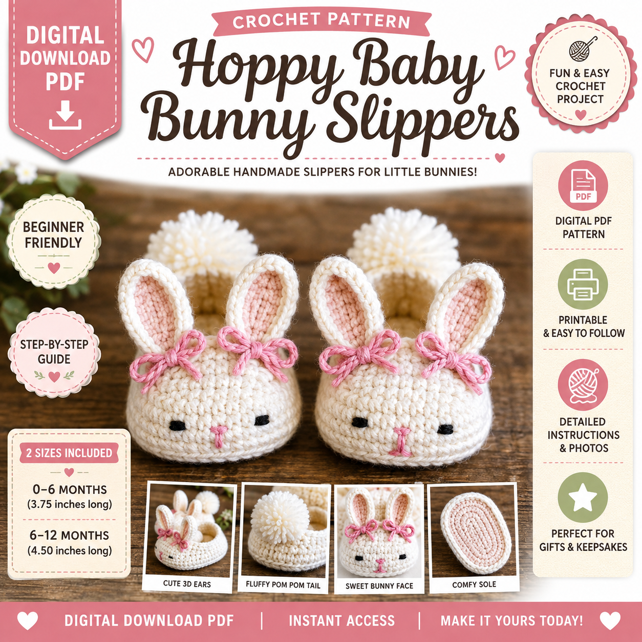 Hoppy Baby Bunny Slippers Crochet Pattern | 0–12 Months | (Digital Download)