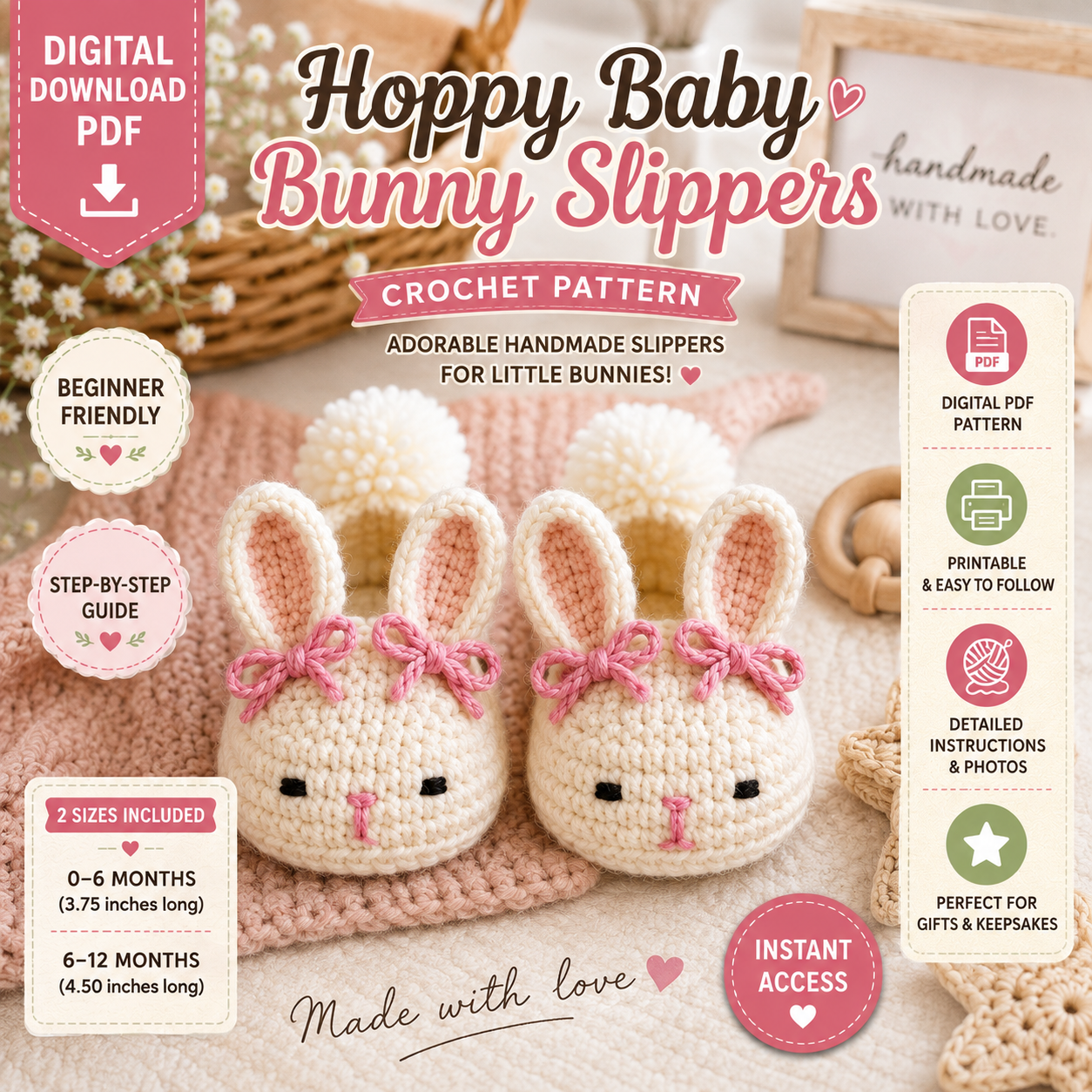 Hoppy Baby Bunny Slippers Crochet Pattern | 0–12 Months | (Digital Download)