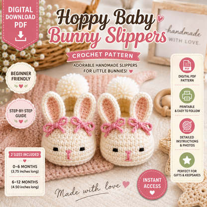 Hoppy Baby Bunny Slippers Crochet Pattern | 0–12 Months | (Digital Download)