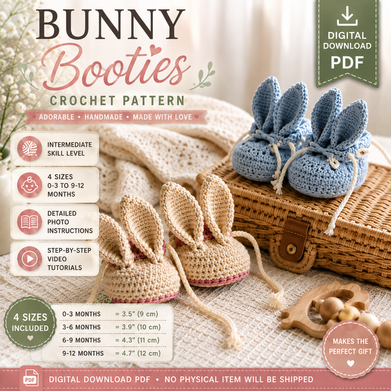 Bunny Booties Crochet Pattern PDF – Baby Bunny Slippers (Digital Download)