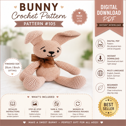 Bunny Crochet Pattern PDF, Amigurumi Rabbit Pattern, (Digital Download)
