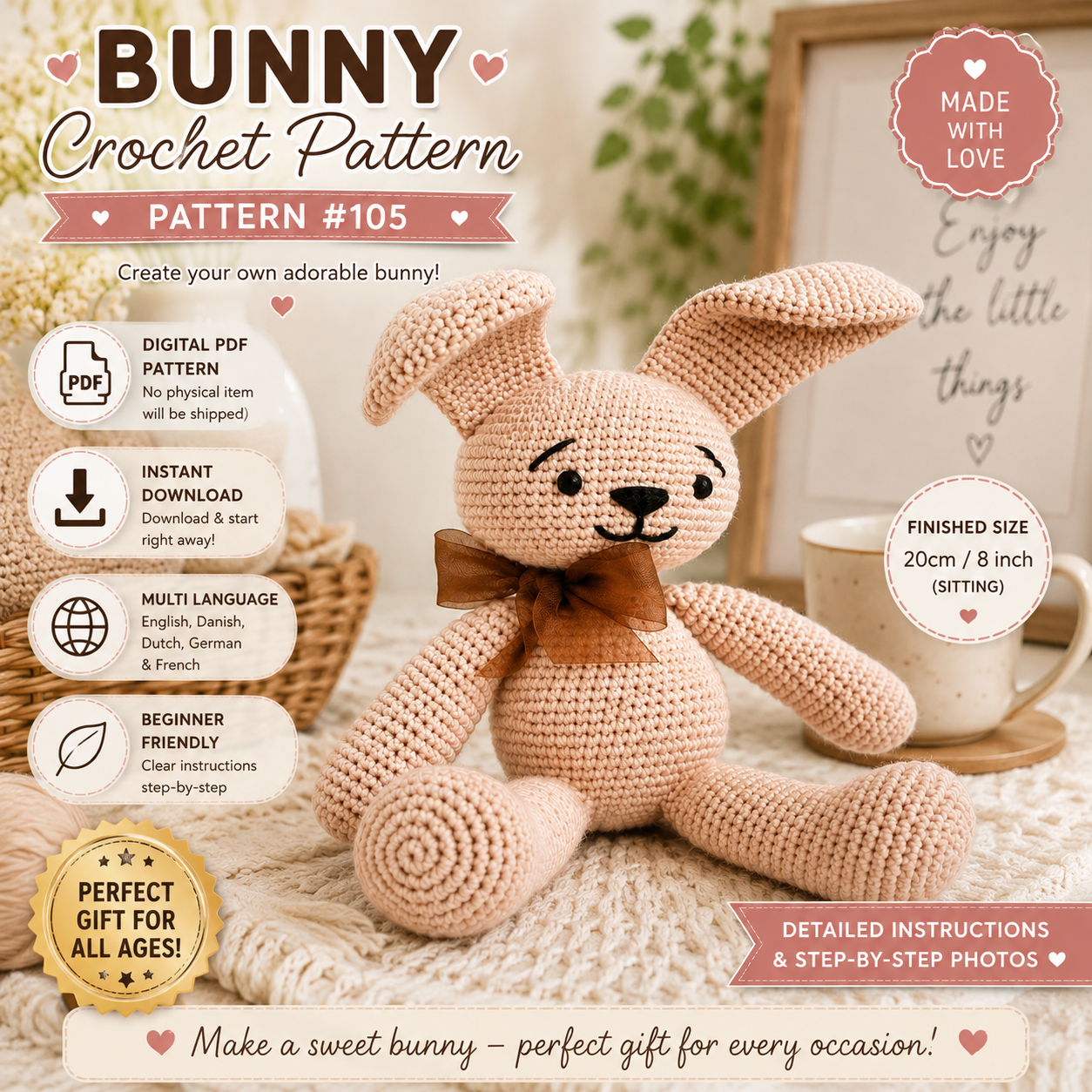 Bunny Crochet Pattern PDF, Amigurumi Rabbit Pattern, (Digital Download)