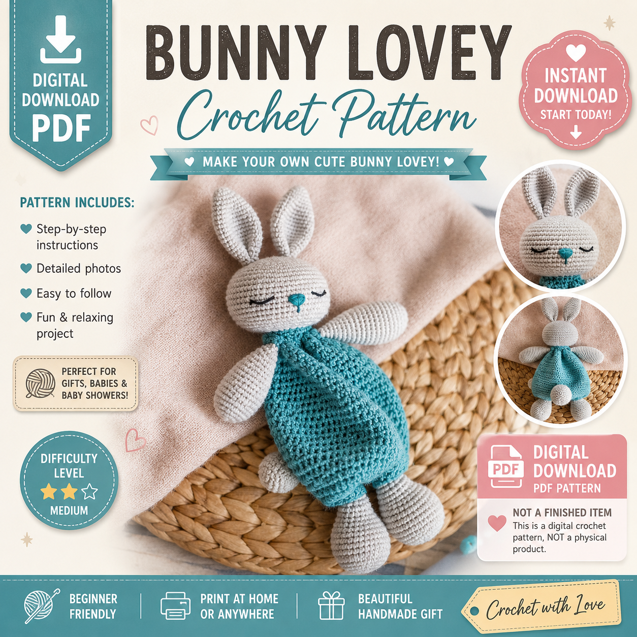 Bunny Lovey Crochet Pattern PDF | Crochet Bunny Comforter | (Digital Download)