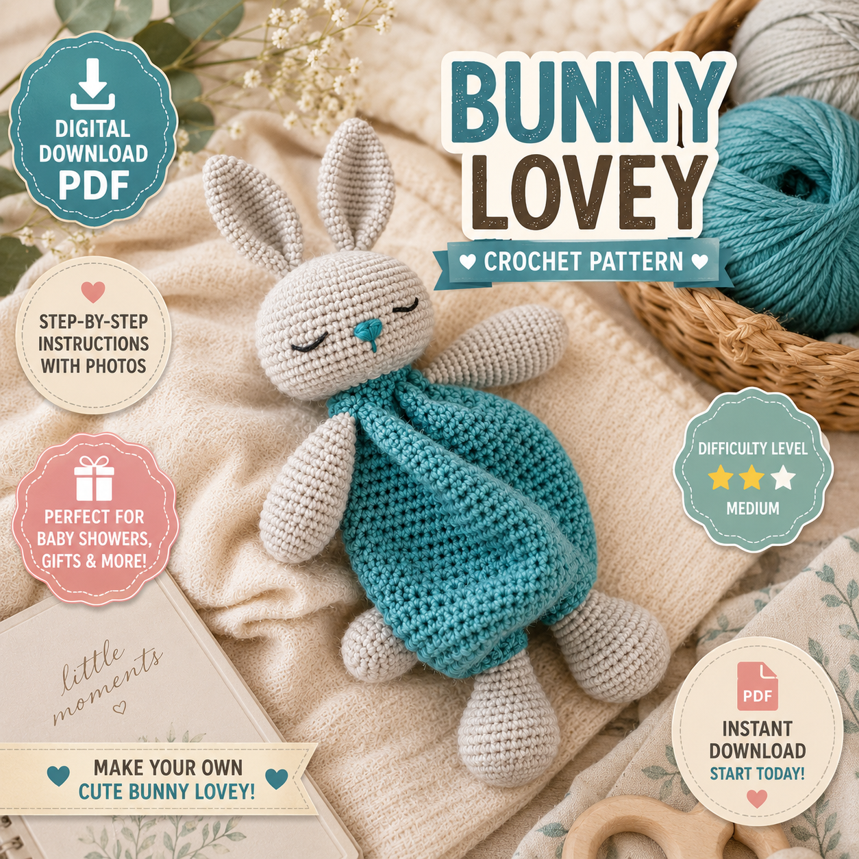 Bunny Lovey Crochet Pattern PDF | Crochet Bunny Comforter | (Digital Download)