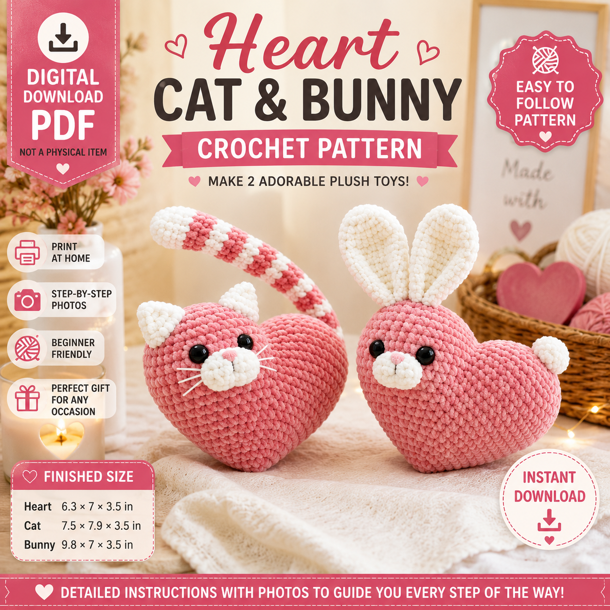 Heart Cat & Bunny Crochet Pattern (Digital Download))