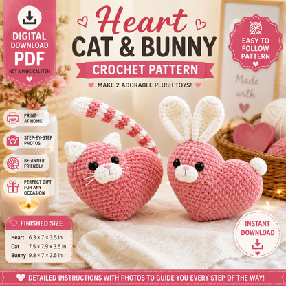 Heart Cat & Bunny Crochet Pattern (Digital Download))
