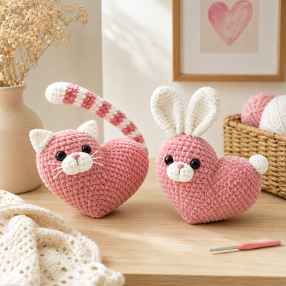 Heart Cat & Bunny Crochet Pattern (Digital Download))
