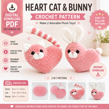 Heart Cat & Bunny Crochet Pattern (Digital Download))