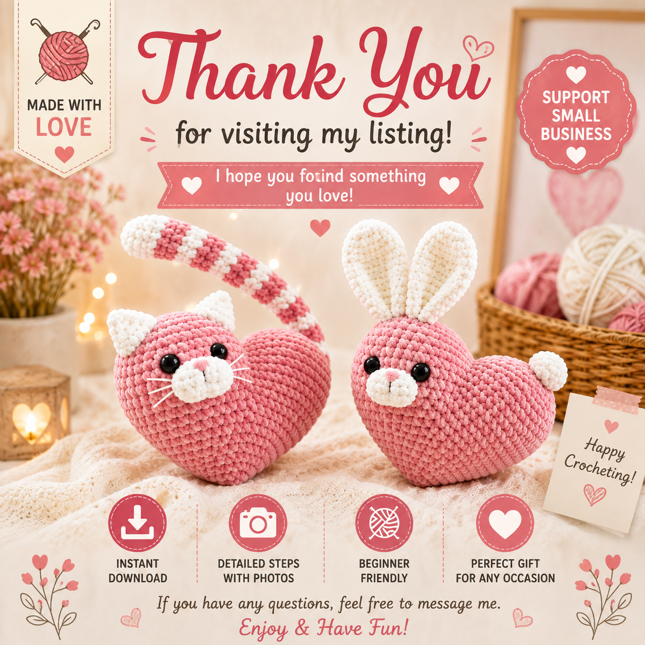 Heart Cat & Bunny Crochet Pattern (Digital Download))