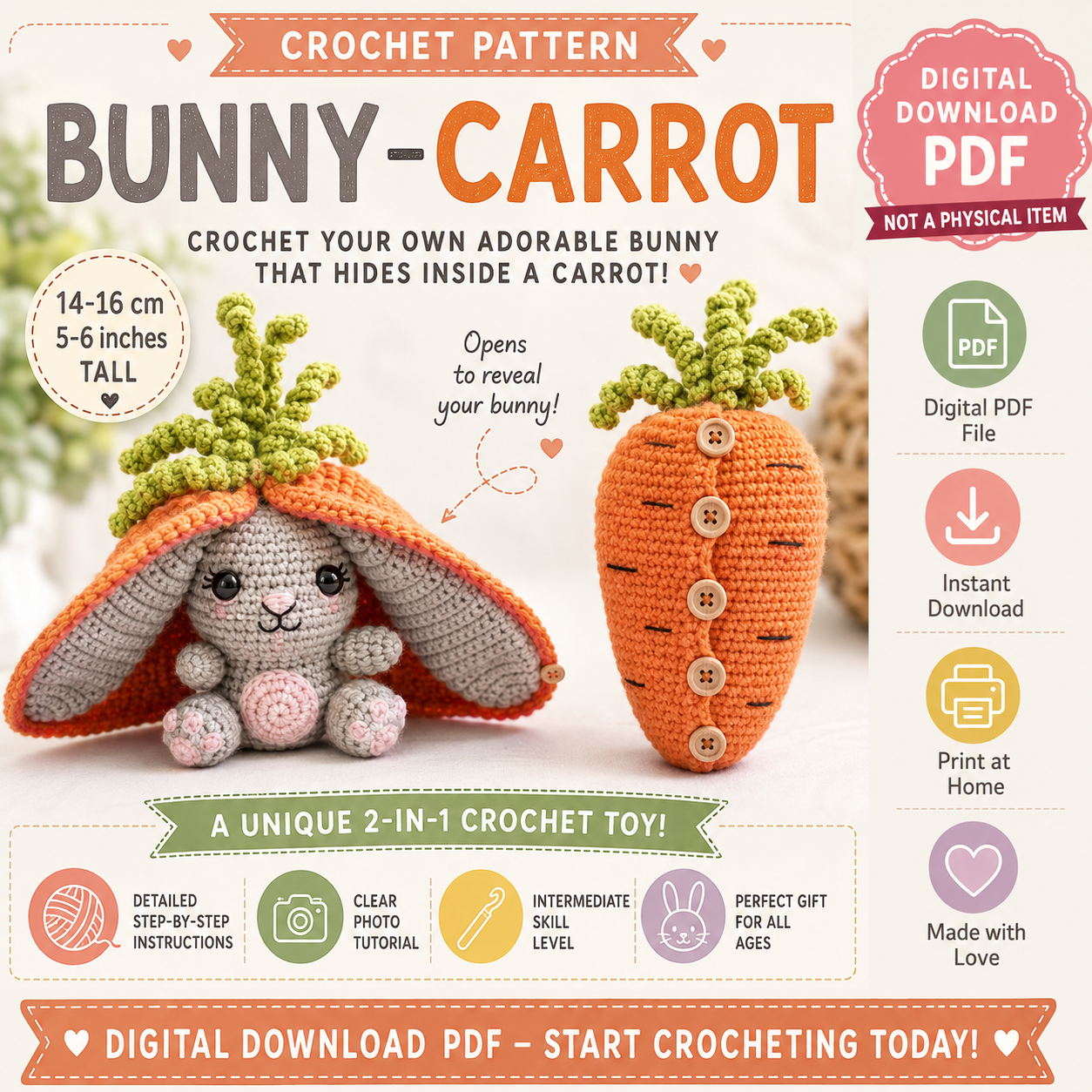 Bunny Carrot Crochet Pattern PDF | 2-in-1 Amigurumi Bunny Toy | (Digital Download)