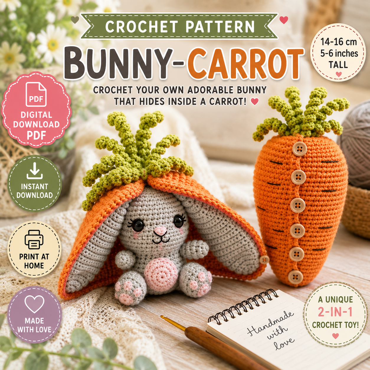 Bunny Carrot Crochet Pattern PDF | 2-in-1 Amigurumi Bunny Toy | (Digital Download)