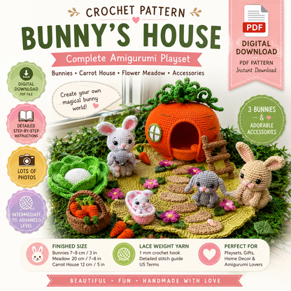 Bunny’s House Crochet Pattern PDF | Amigurumi Bunny Playset | (Digital Download)
