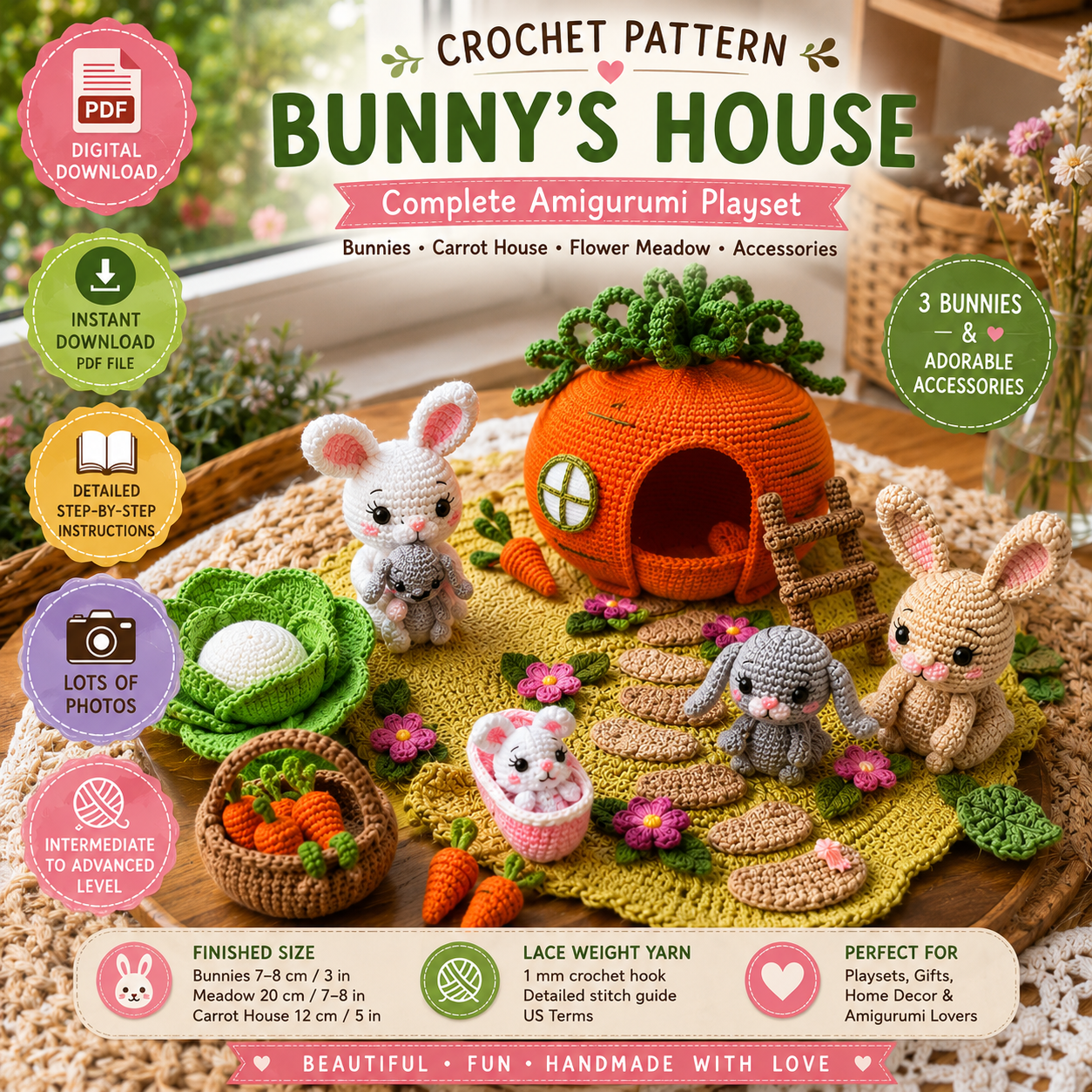 Bunny’s House Crochet Pattern PDF | Amigurumi Bunny Playset | (Digital Download)