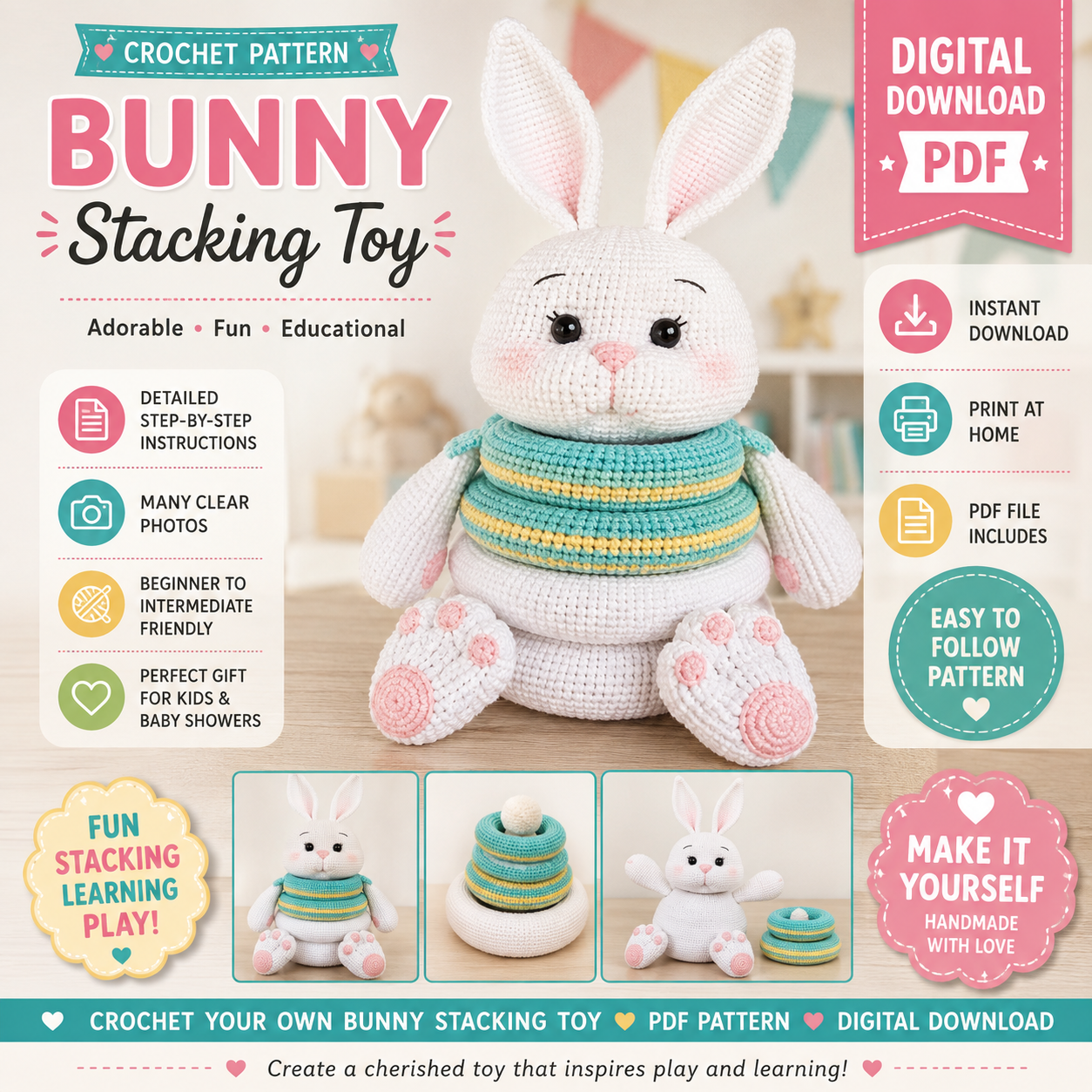 Bunny Stacking Toy Crochet Pattern (Digital Download)