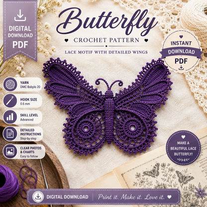 Butterfly Crochet Pattern PDF | Irish Lace Butterfly Motif | (Digital Download Pattern)