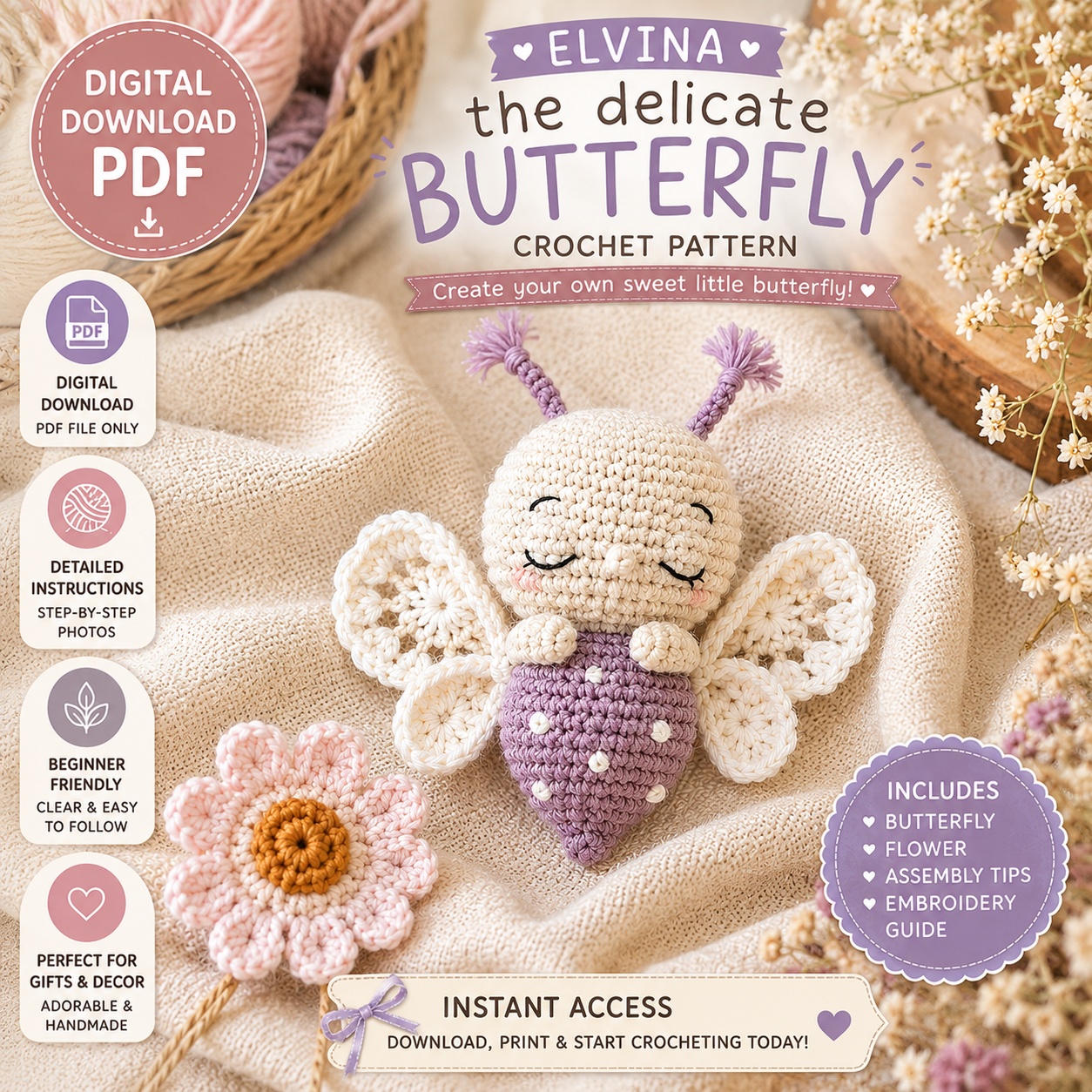 Elvina Delicate Butterfly Crochet Pattern (Cute Crochet Butterfly Digital Download)