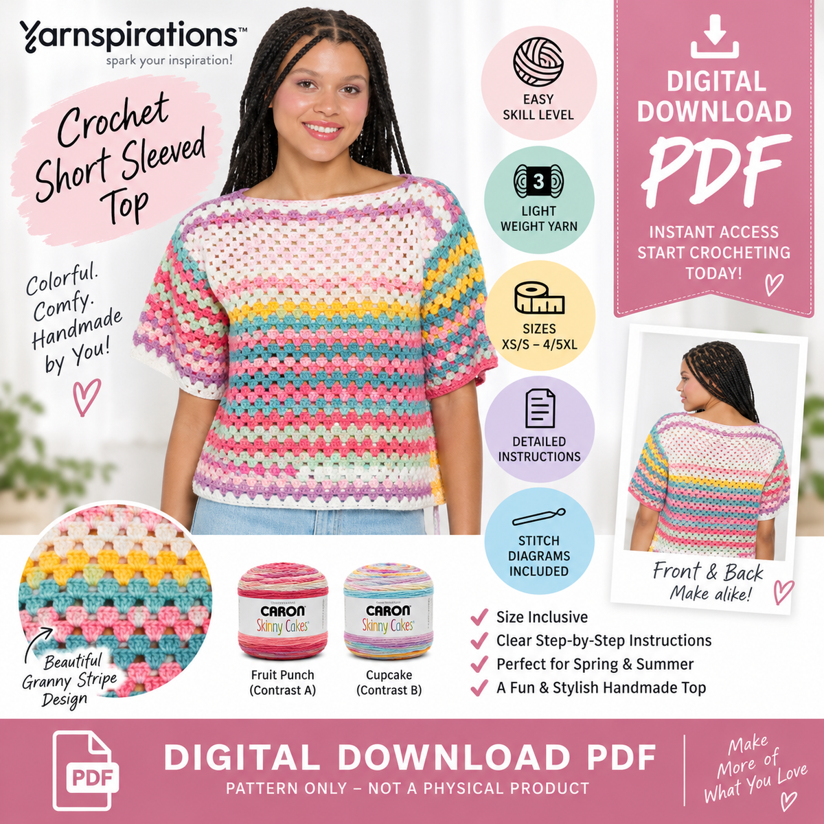 Crochet Short Sleeved Top Pattern | XS/S–4/5XL | (Digital Download)