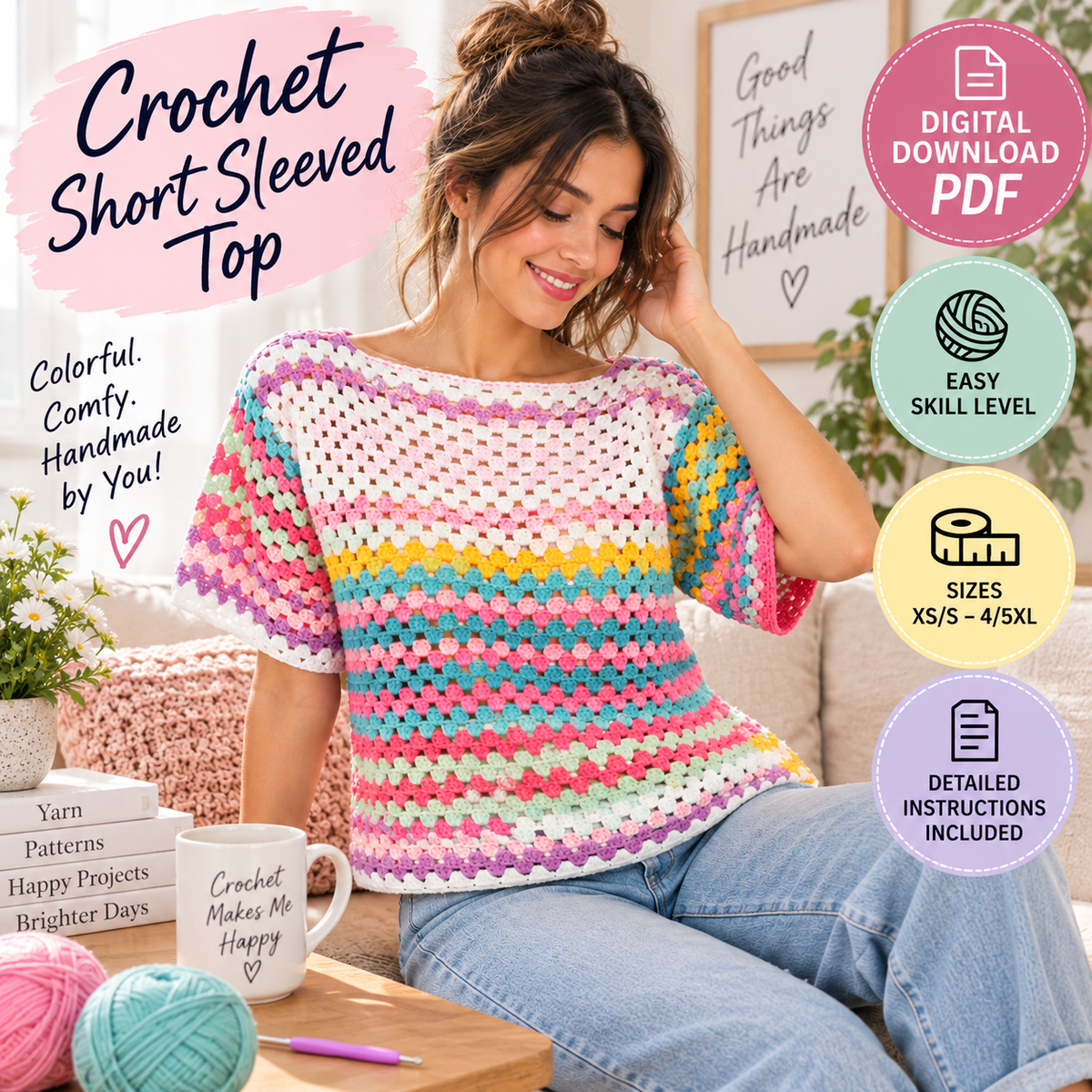 Crochet Short Sleeved Top Pattern | XS/S–4/5XL | (Digital Download)