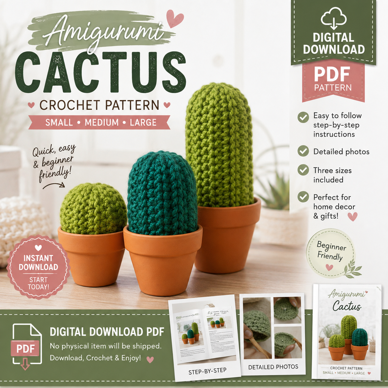 Amigurumi Cactus Crochet Pattern PDF | 3 Sizes | (Digital Download)