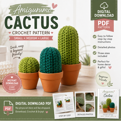 Amigurumi Cactus Crochet Pattern PDF | 3 Sizes | (Digital Download)