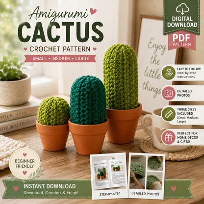 Amigurumi Cactus Crochet Pattern PDF | 3 Sizes | (Digital Download)