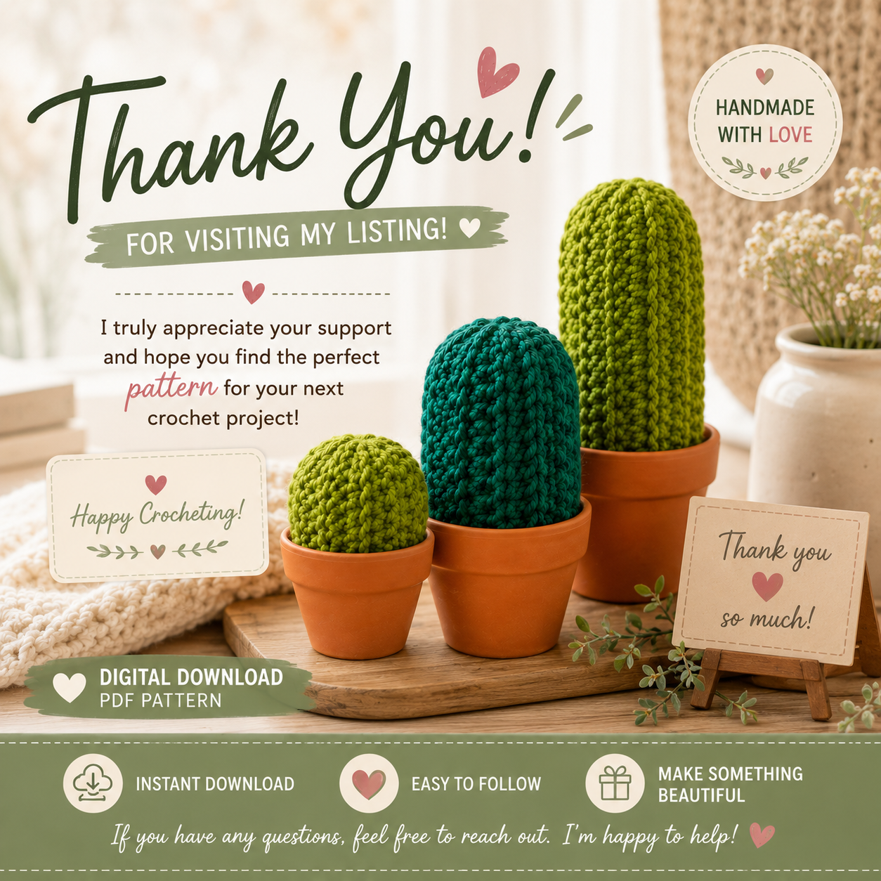 Amigurumi Cactus Crochet Pattern PDF | 3 Sizes | (Digital Download)