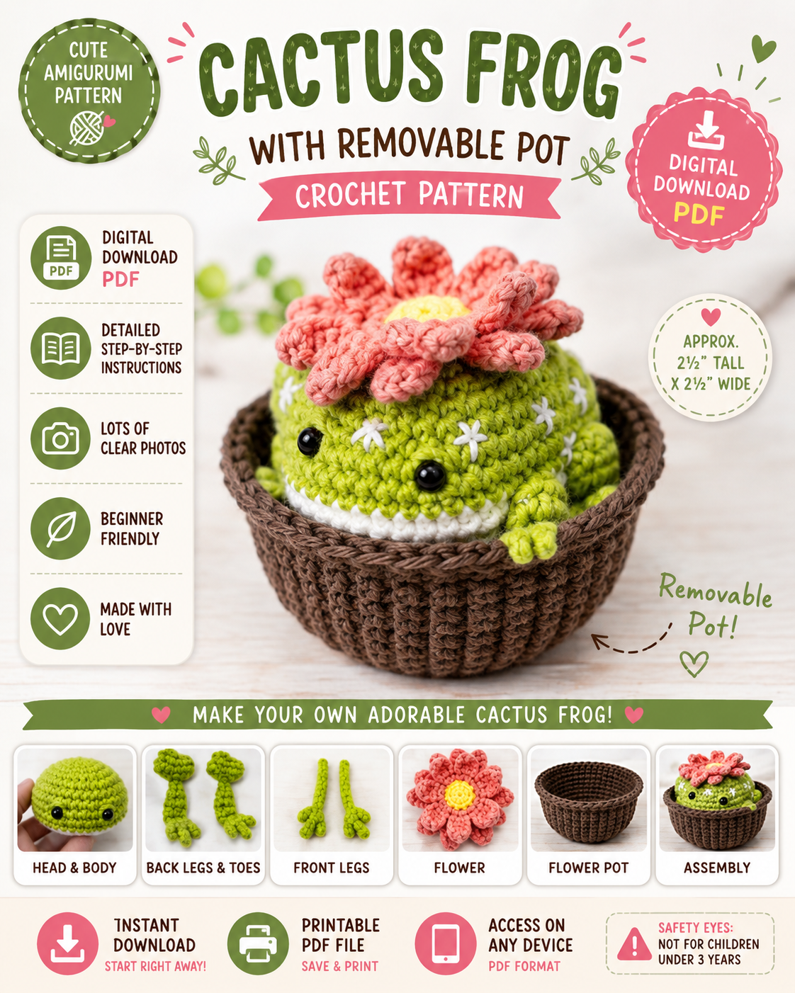 Cactus Frog with Removable Pot Crochet Pattern – (Digital Download)