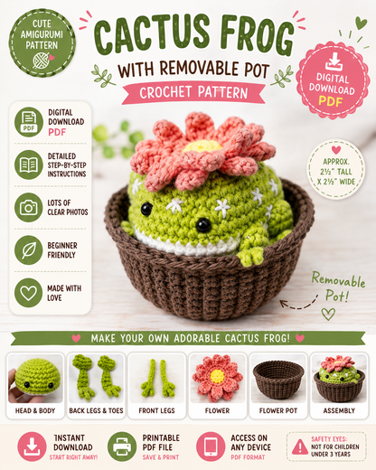 Cactus Frog with Removable Pot Crochet Pattern – (Digital Download)