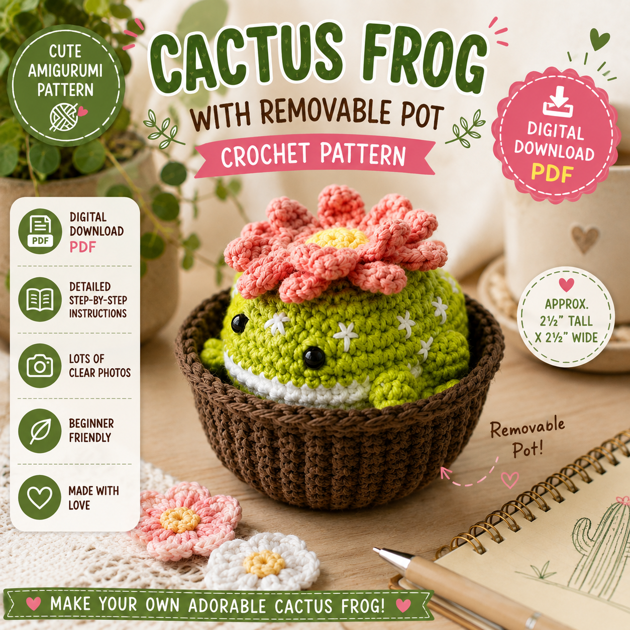 Cactus Frog with Removable Pot Crochet Pattern – (Digital Download)