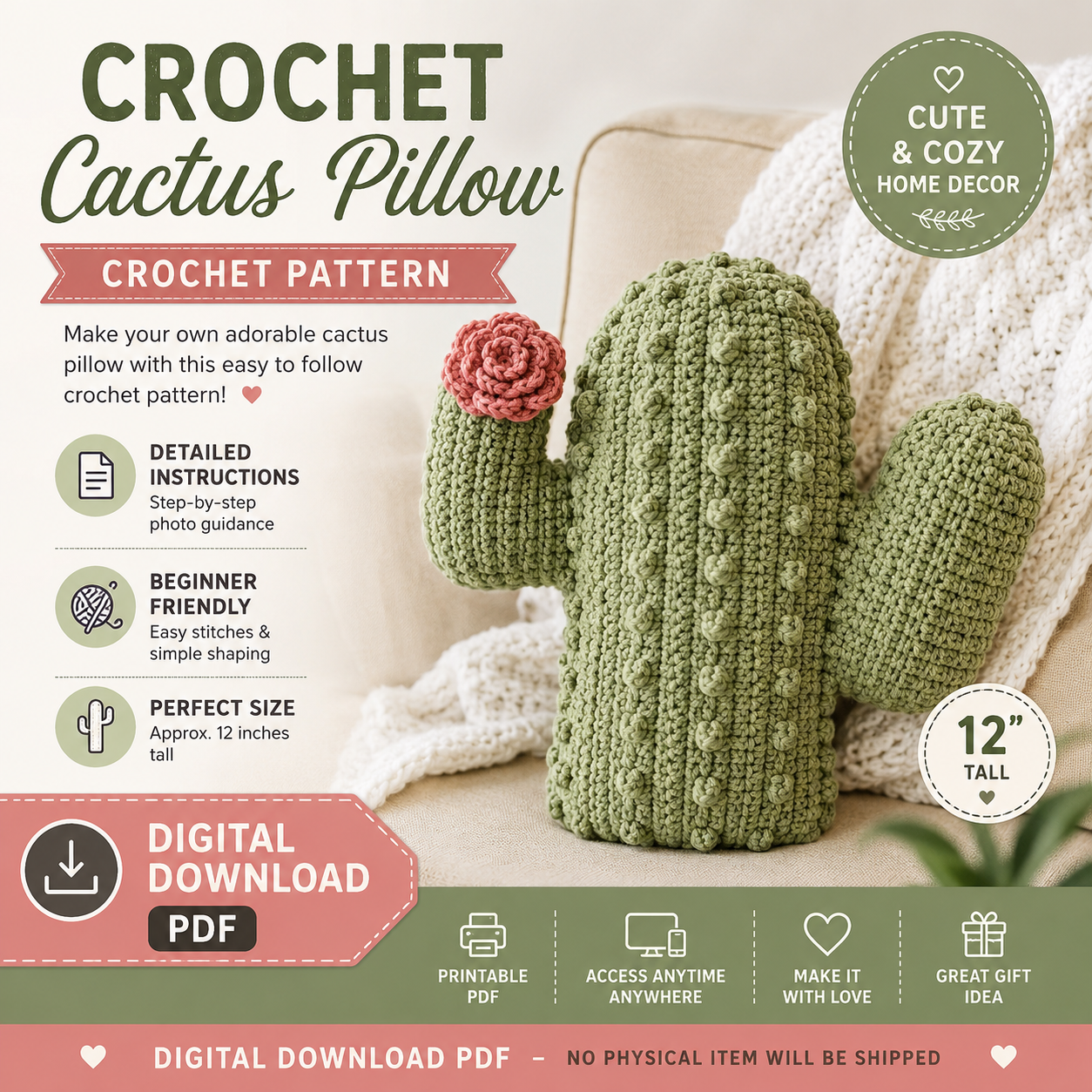 Crochet Cactus Pillow Pattern (Digital Download)
