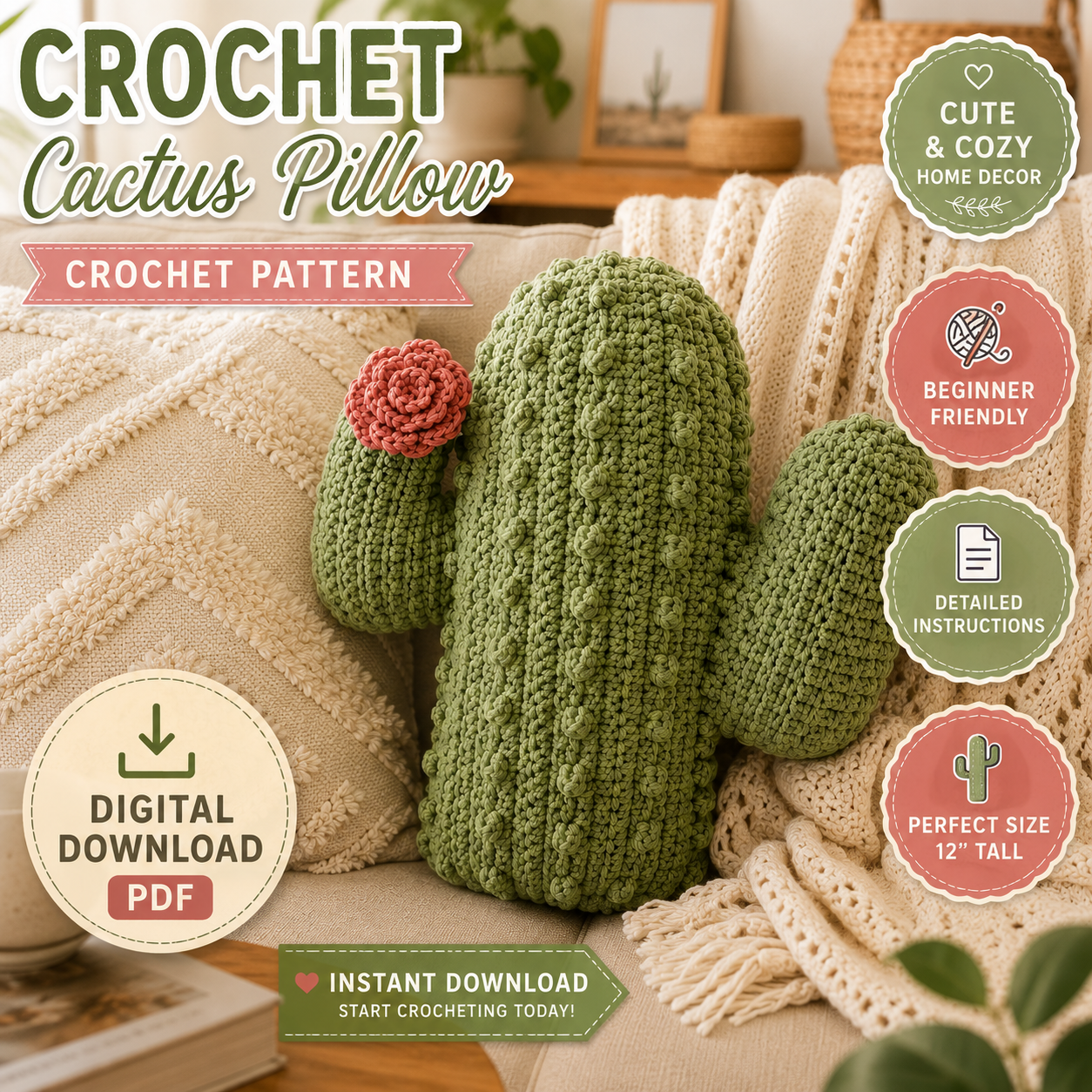 Crochet Cactus Pillow Pattern (Digital Download)