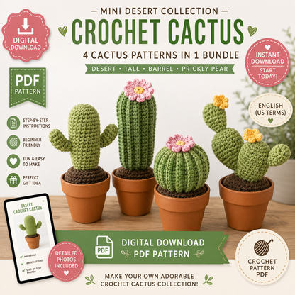Crochet Cactus Pattern Bundle | 4 Potted Cactus | Desert, Tall, Barrel & Prickly Pear(Digital Download)