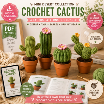 Crochet Cactus Pattern Bundle | 4 Potted Cactus | Desert, Tall, Barrel & Prickly Pear(Digital Download)