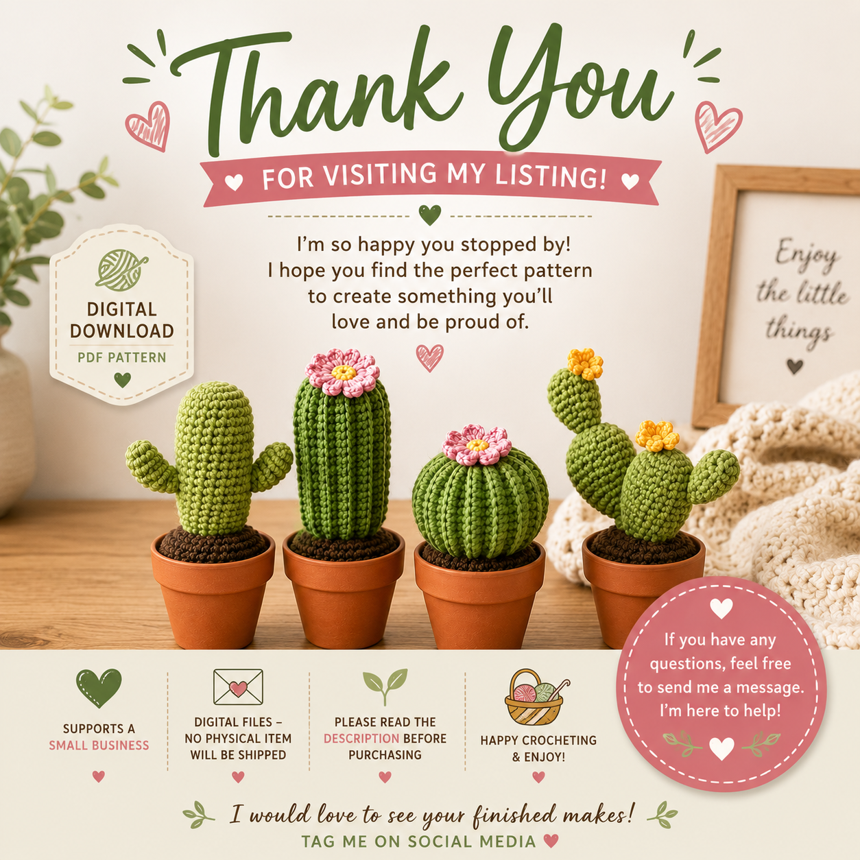 Crochet Cactus Pattern Bundle | 4 Potted Cactus | Desert, Tall, Barrel & Prickly Pear(Digital Download)